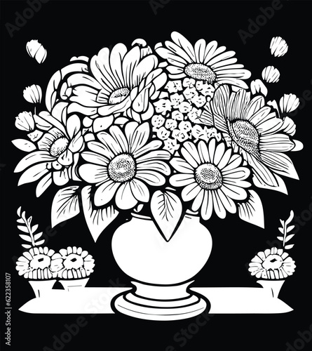 Coloring page with bouquet of flowers in a vase. Vector illustration. for kids and adults.