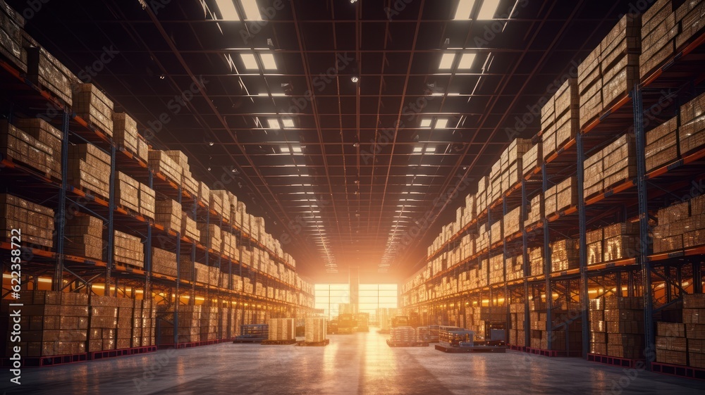 Large industrial warehouse. High racks filled with boxes and containers. Cardboard boxes on pallets. Daylight fills the room through the windows. Global logistics concept. 3D illustration.
