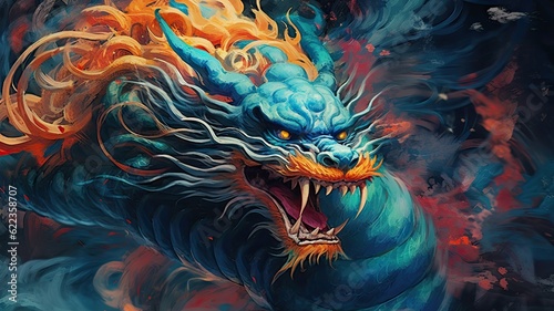 A painting of a dragon on a black background, created with Generative Ai Technology