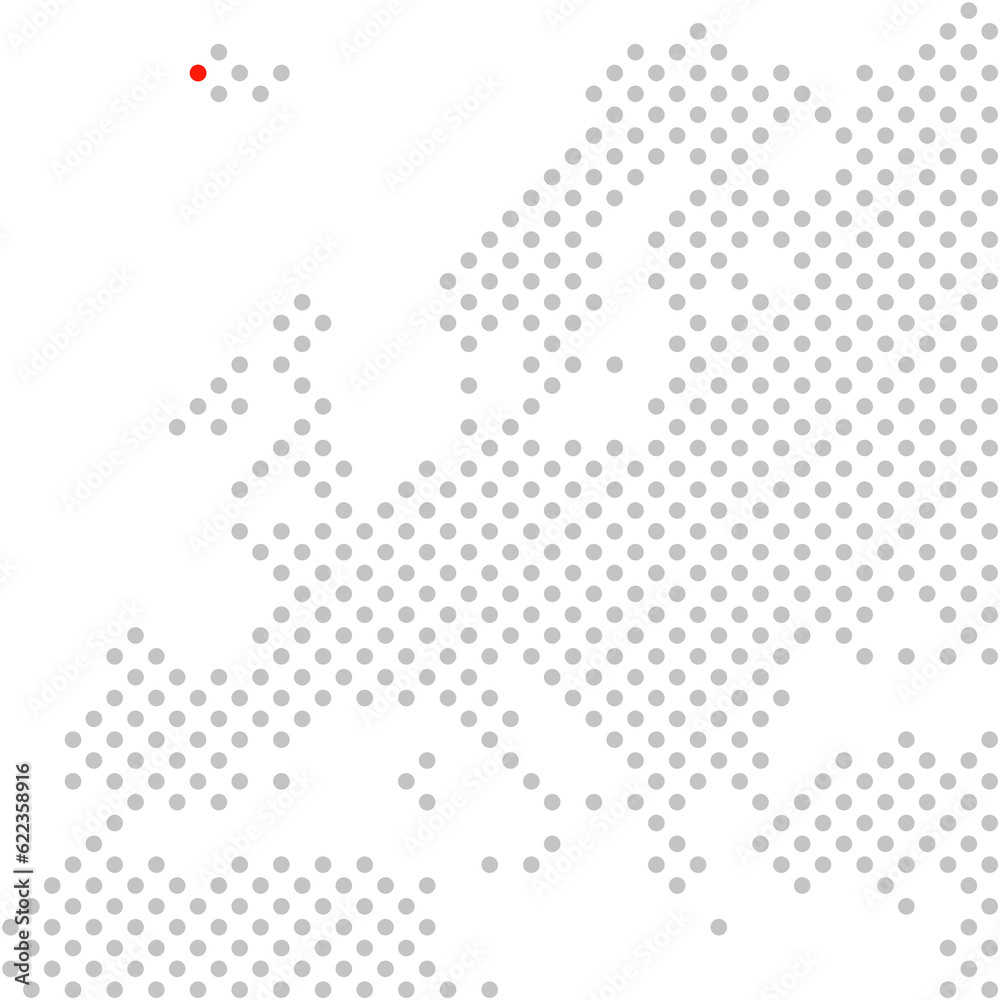 Reykjavik in Island: Europakarte aus grauen Punkten mit roter Markierung Reykjavik in Island: Europakarte aus grauen Punkten mit roter Markierung