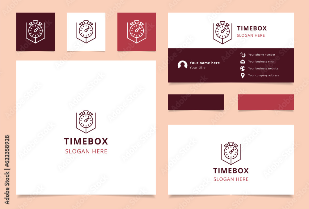 Timebox logo design with editable slogan. Branding book and business card template.