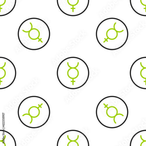 Line Ancient astrological symbol of Mercury icon isolated seamless pattern on white background. Astrology planet. Zodiac and astrology sign. Vector