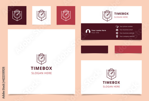 Timebox logo design with editable slogan. Branding book and business card template.