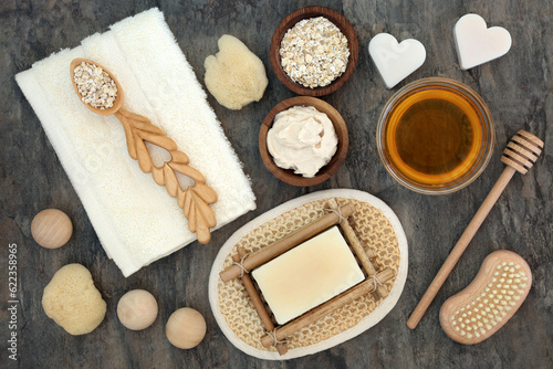 Natural products and ingredients for body and skin health care with oats and honey.