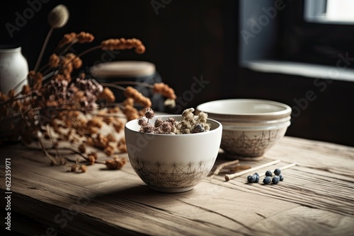 Chinese image of a white cup with dried flowers on a wooden table. Living room has a gray wall. early in the day. Generative AI