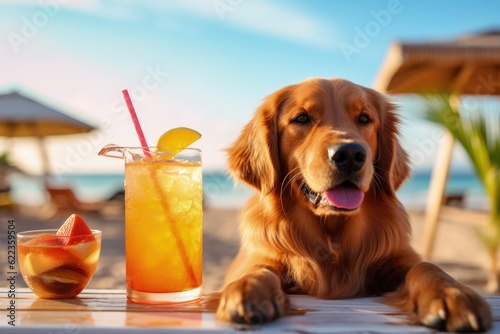 Golden Retriever dog is on summer vacation at seaside resort and relaxing rest on summer beach of Hawaii, near a mocktail, created with Generative Ai Technology