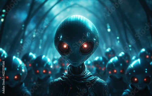 close up on blue aliens with big glowing red eyes