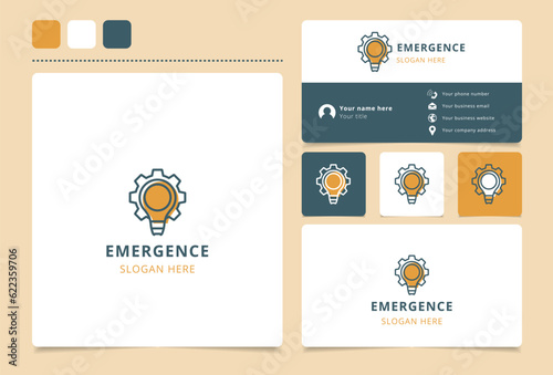 Emergence logo design with editable slogan. Branding book and business card template.
