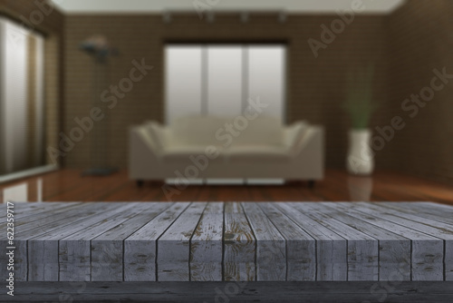 3D render of a rustic wooden table with defocussed lounge in background