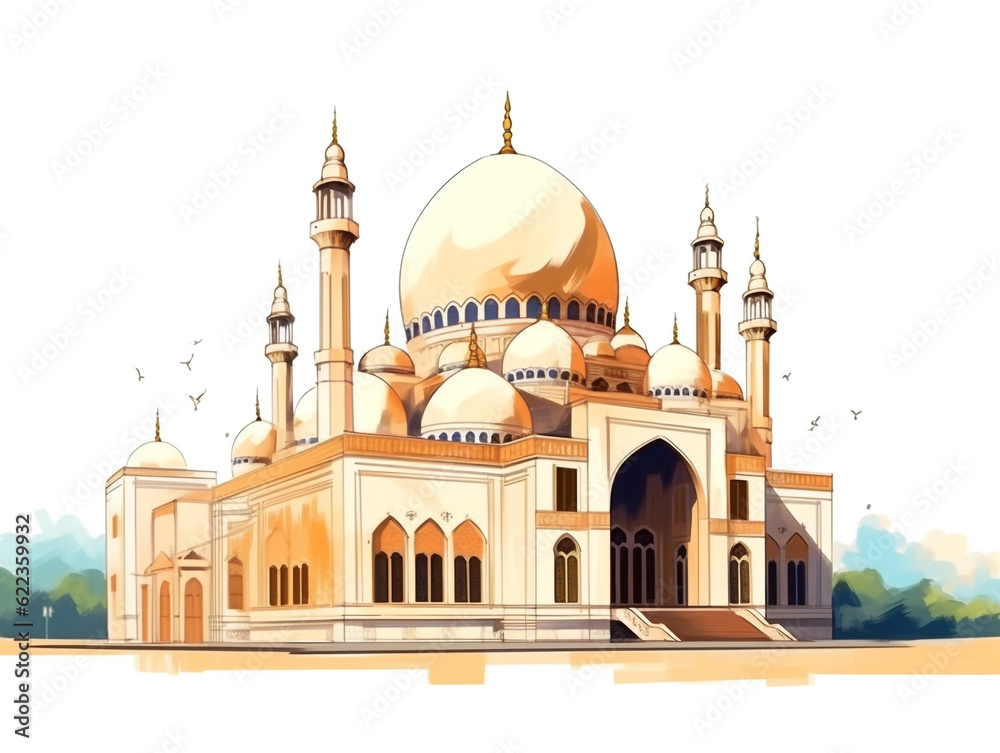 Drawing of a mosque using medium ink and watercolor isolated on white background. The design of the mosque has elements of typical Islamic architecture such as domes and minarets.