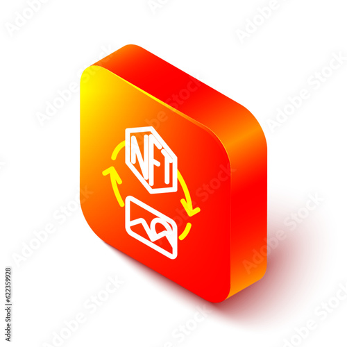 Isometric line NFT Digital crypto art icon isolated on white background. Non fungible token. Orange square button. Vector