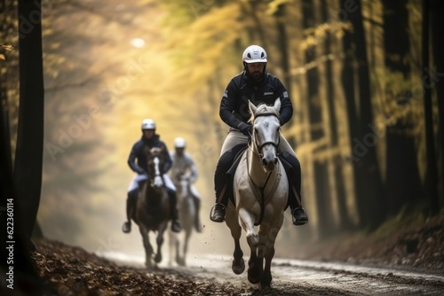 Relaxed horseback riding on a forest trail outdoors. People and animals concept.