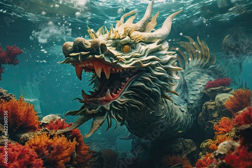 A large dragon is swimming under water, created with Generative Ai Technology © pham