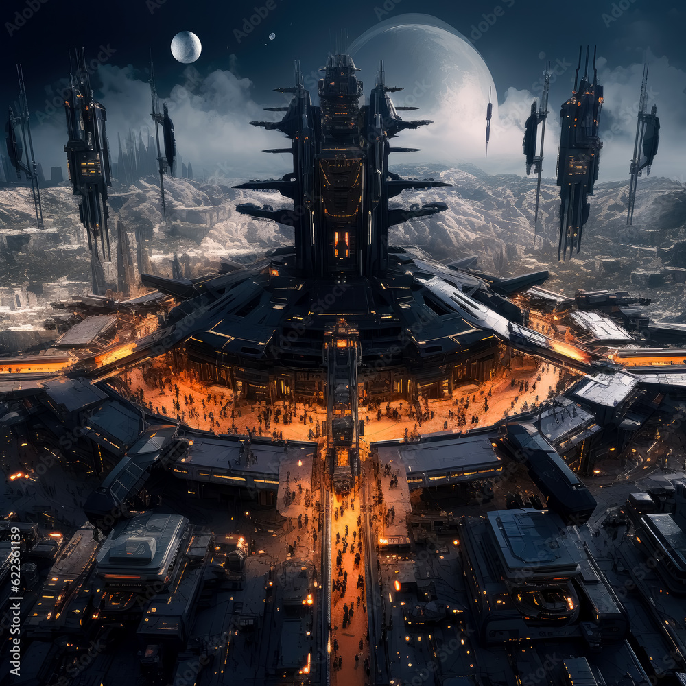 A futuristic space station with ships in the background, in the style of gothic steampunk.