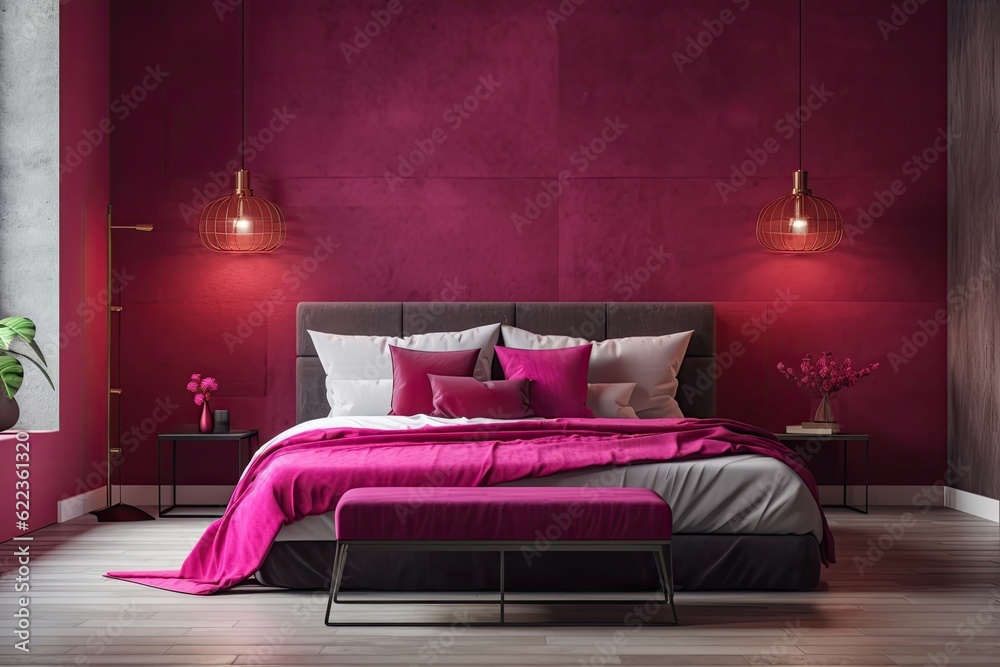 Carta da parati Bedroom with viva magenta accents, a color trend for