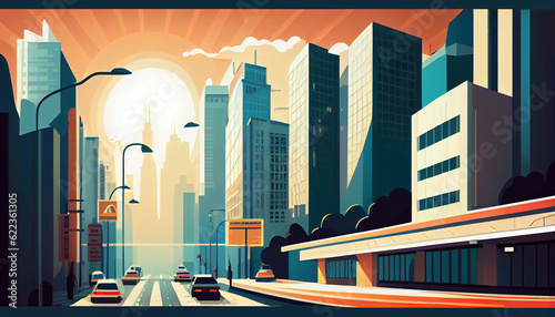 Big city street view, vector illustration style. AI generated.