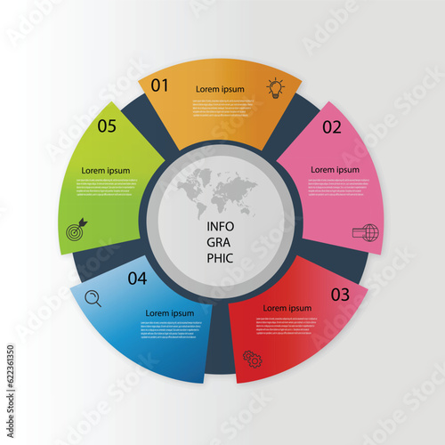 Vector circle template for infographics. Business concept with 5 options, steps, parts, segments. Banner for cycling diagrams, pie charts, pie charts, business presentations, annual reports.