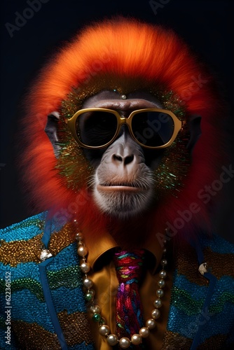 monkey wearing cool clothes and accessories. Crazy monkey, dj monkey, rapper monkey, gangster monkey. Image generated with artificial intelligence
