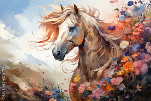 A mystical floral horse standing amidst a dense, enchanted forest, its mane and tail crafted from shimmering silver and gold leaves, Generative Ai
