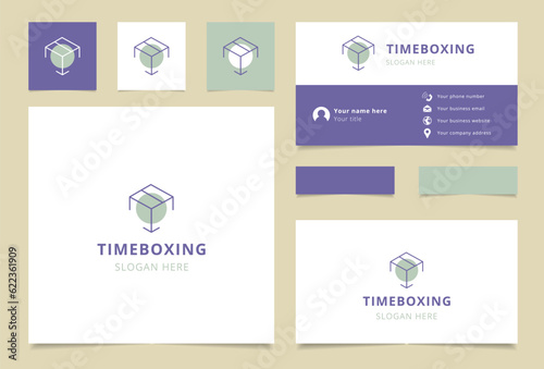 Timeboxing logo design with editable slogan. Branding book and business card template.