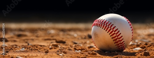 Baseball sport equipment background banner - Closeup of baseball on matchfield (Generative Ai)