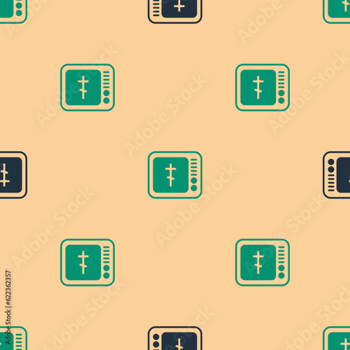 Green and black Online church pastor preaching video streaming icon isolated seamless pattern on beige background. Online church of Jesus Christ. Vector