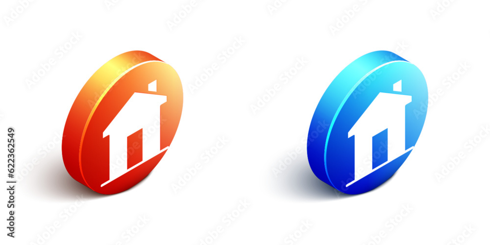Isometric House icon isolated on white background. Real estate agency or cottage town elite class. Orange and blue circle button. Vector Isometric House icon isolated on white background. Real estate agency or cottage town elite class. Orange and blue circle button. Vector