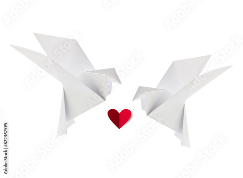 Couple white loving dove of origami with red heart, isolated background