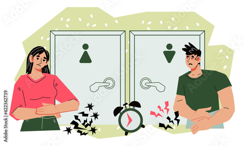 Toilet queue with people flat vector illustration isolated on white background. People wait at the WC toilet door, feel unwell or have a strong urge to empty their bowels or bladder.