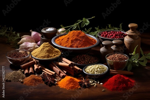 A lot of spices are scattered on the table
