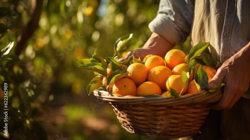 
Farmer holding a basket full of tangerines in orchard.   Generative AI.
