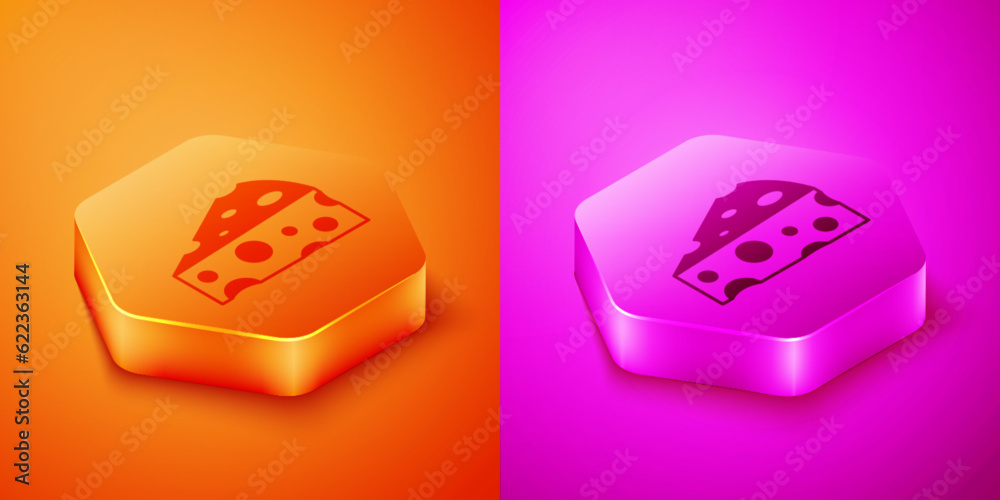 Isometric Cheese icon isolated on orange and pink background. Hexagon button. Vector Isometric Cheese icon isolated on orange and pink background. Hexagon button. Vector
