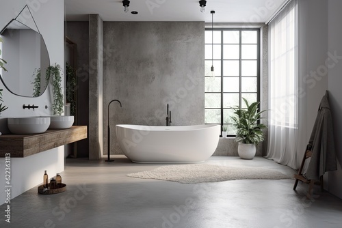 Bathroom corner with a concrete floor and a large gray wall. The bathtub is white. A rug covering the floor and two sinks. a mockup. Generative AI