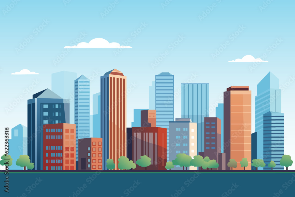 Cityscape with tall skyscrapers and office buildings. Business district. Vector illustration.