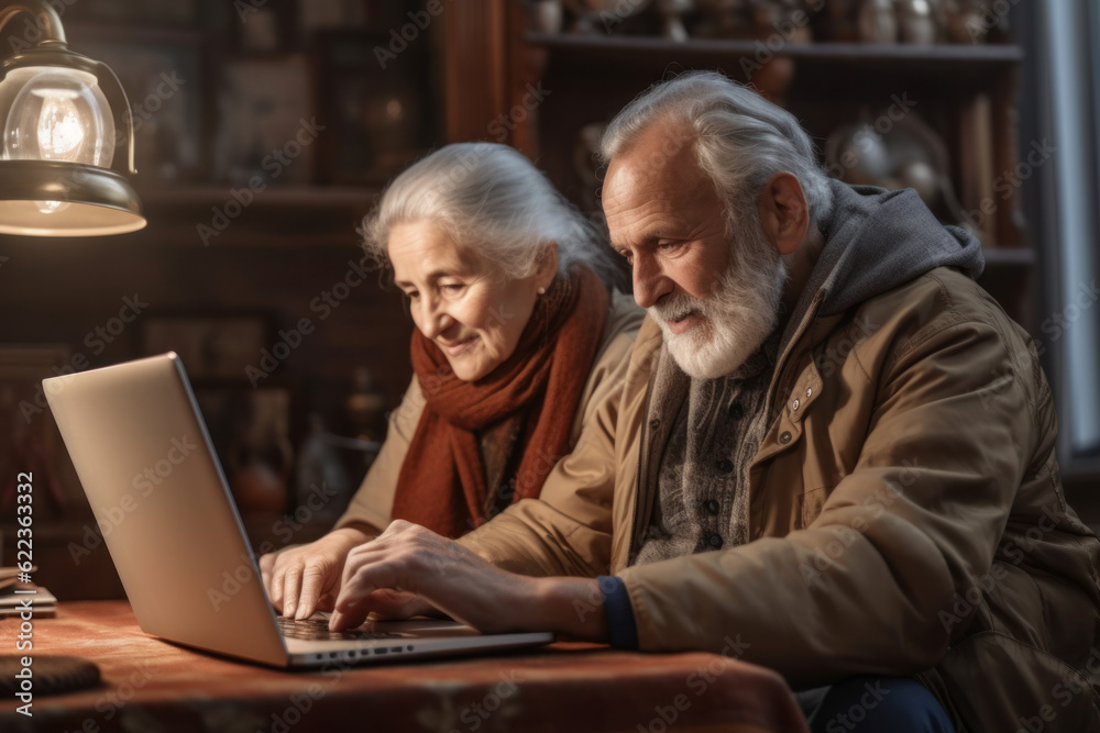 Elderly couple working at home using laptop and wearing warm clothes. Elderly couple working at home using laptop and wearing warm clothes.