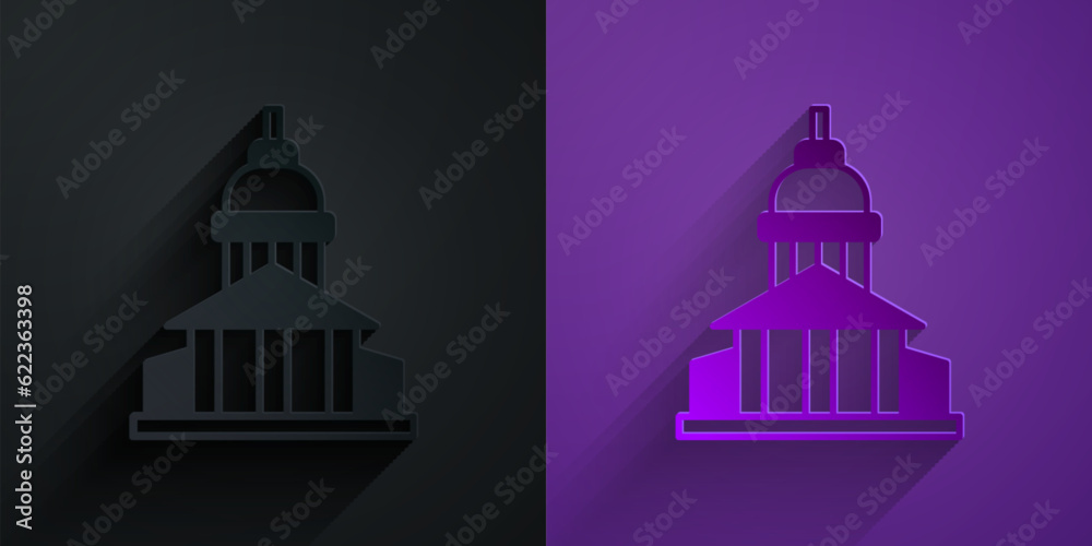 Paper cut Museum building icon isolated on black on purple background. Paper art style. Vector
