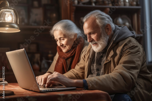 Elderly couple working at home using laptop and wearing warm clothes.