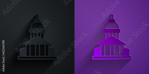 Paper cut Museum building icon isolated on black on purple background. Paper art style. Vector © Vadim