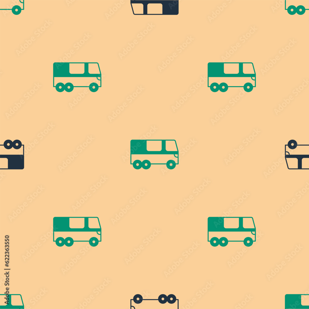 Green and black Bus icon isolated seamless pattern on beige background. Transportation concept. Bus tour transport. Tourism or public vehicle symbol. Vector Green and black Bus icon isolated seamless pattern on beige background. Transportation concept. Bus tour transport. Tourism or public vehicle symbol. Vector