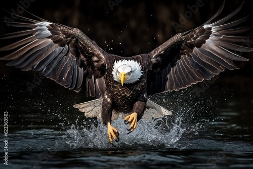 Fishing Bald Eagle, a bald eagle facing camera catches a fish out of the water, in the style of National Geographic contest winner, super telephoto close up. AI Generative