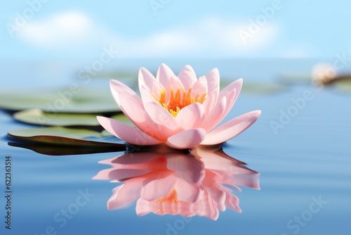 A floating lotus flower on the calm surface of a pond symbolizes the potential for transformation and spiritual growth through the practice of meditation and mindfulness. AI Generative