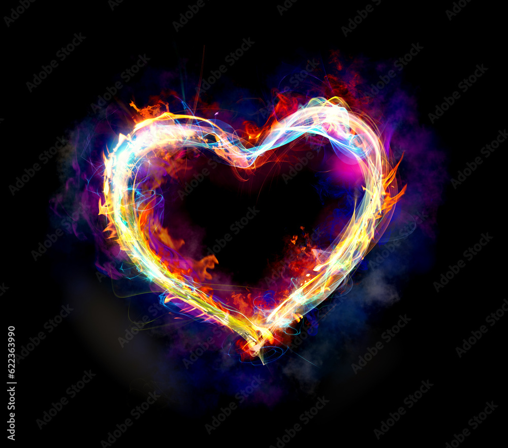 Heart with colourful light motion and fire on dark background