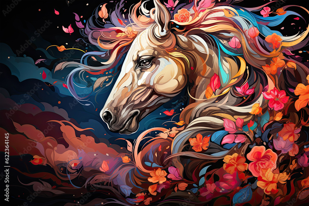 Envision a whimsical floral horse with a mane made of delicate, translucent butterflies in a myriad of colors, Generative Ai