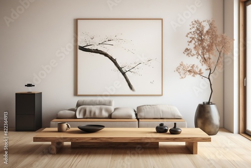 Minimalist living room with a simple wooden Japanese style