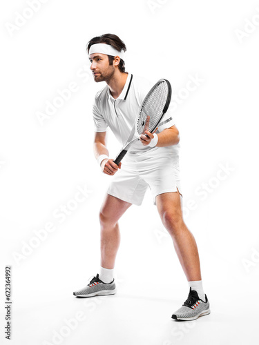 Tennis player with racket. Man athlete playing isolated on white background. © Mike Orlov