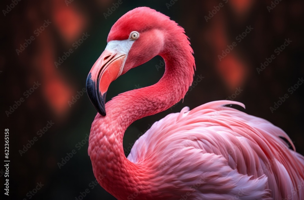 Obraz premium Exquisite Feathers in a Dance of Light, Close Up of a Pink Flamingo Under Backlight, Nature's Golden Ratio, Generative AI