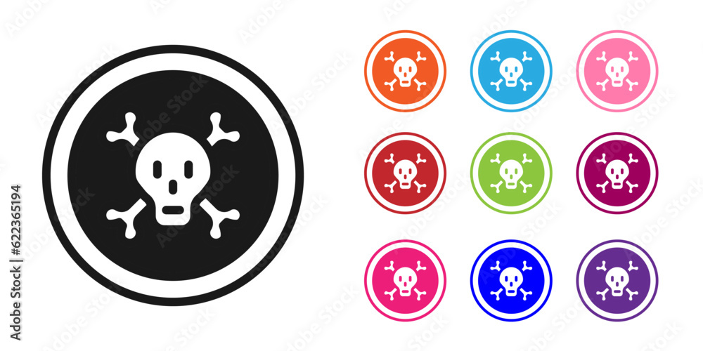 Black Bones and skull as a sign of toxicity warning icon isolated on white background. Set icons colorful. Vector Black Bones and skull as a sign of toxicity warning icon isolated on white background. Set icons colorful. Vector