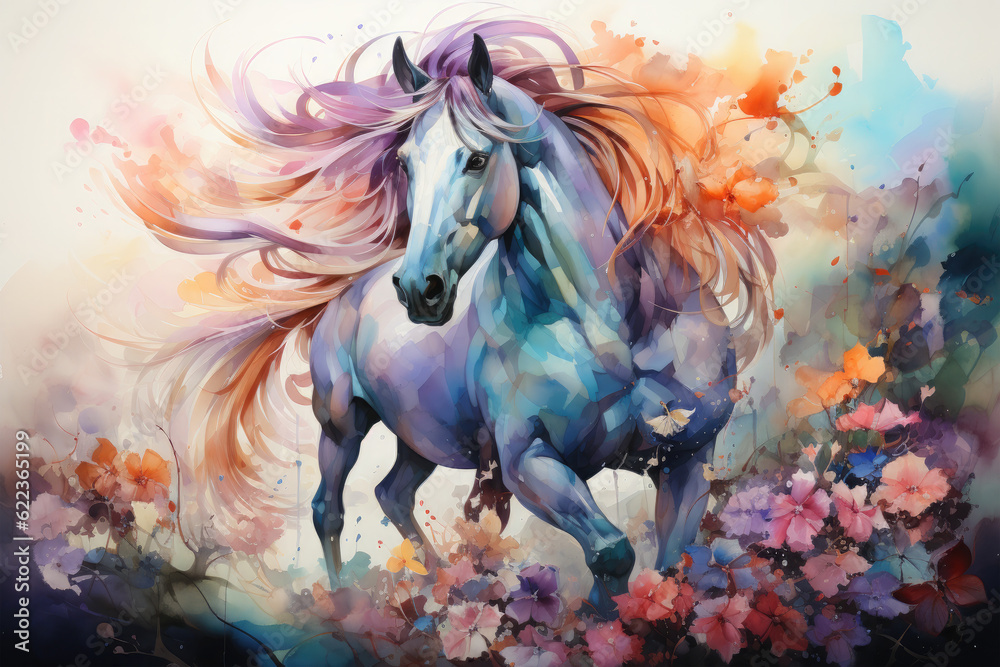 Envision an elegant floral horse with a mane and tail adorned with vibrant sunflowers and daisies, Generative Ai