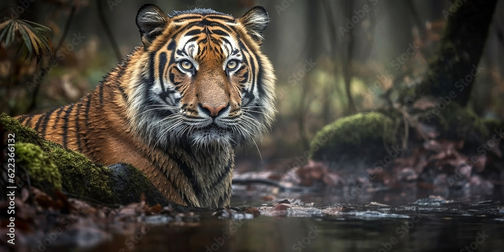 Fototapeta premium Portrait of a tiger in the wild. Generative AI