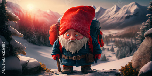 Fairy gnome tourist in snowy winter mountains. Generative AI